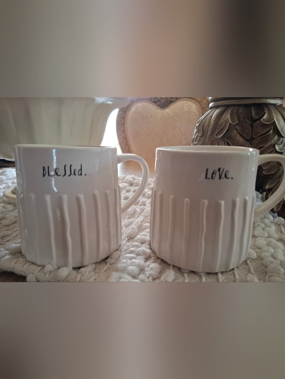 Rae Dunn Blessed & LOVE White Ceramic Ribbed Coffee Mugs - Set of 2